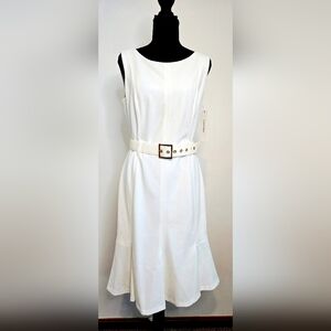 Calvin Klein White Fit & Flare Dress Belted Gold Buckle Sleeveless NWT Size 10